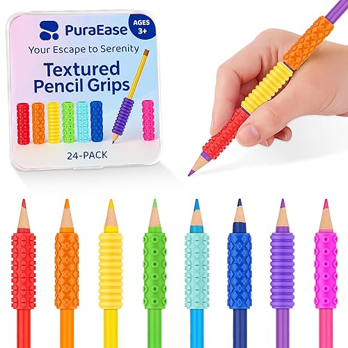 PuraEase Textured Pencil Grips for Kids, Teens & Adults – 24PC Sensory Fidget Toys for ADHD, Autism, Anxiety & Stress Relief - Ideal for Teachers as Educational Tools or Classroom Rewards
