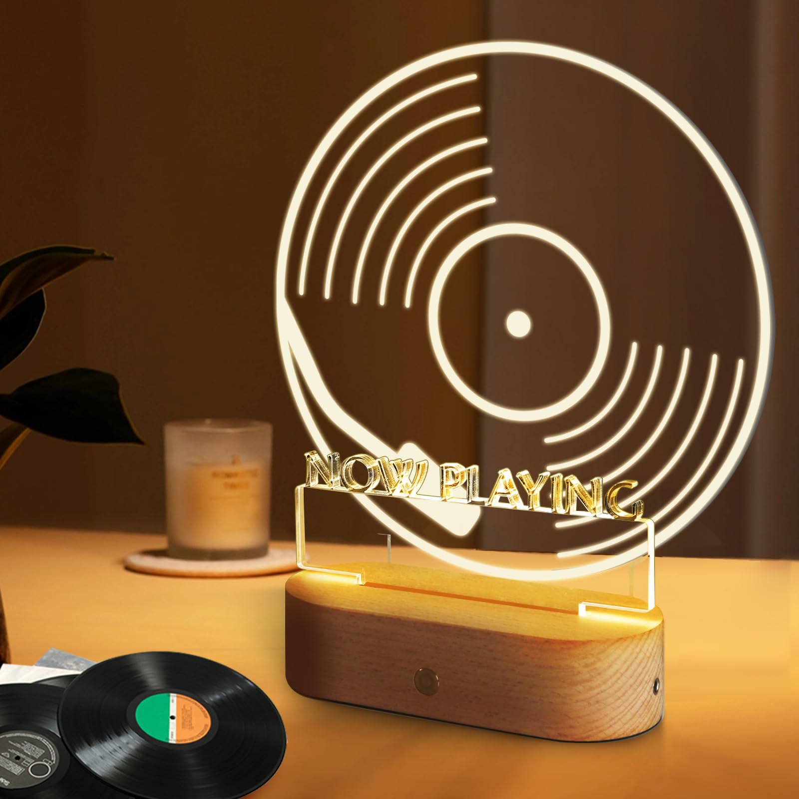 NOW PLAYING Vinyl Record Stand, Wooden Magnetic Acrylic Record Holder, LP Album Display Storage W/ Warm White Color Lights, Battery Powered Vinyl Record Led Shelf