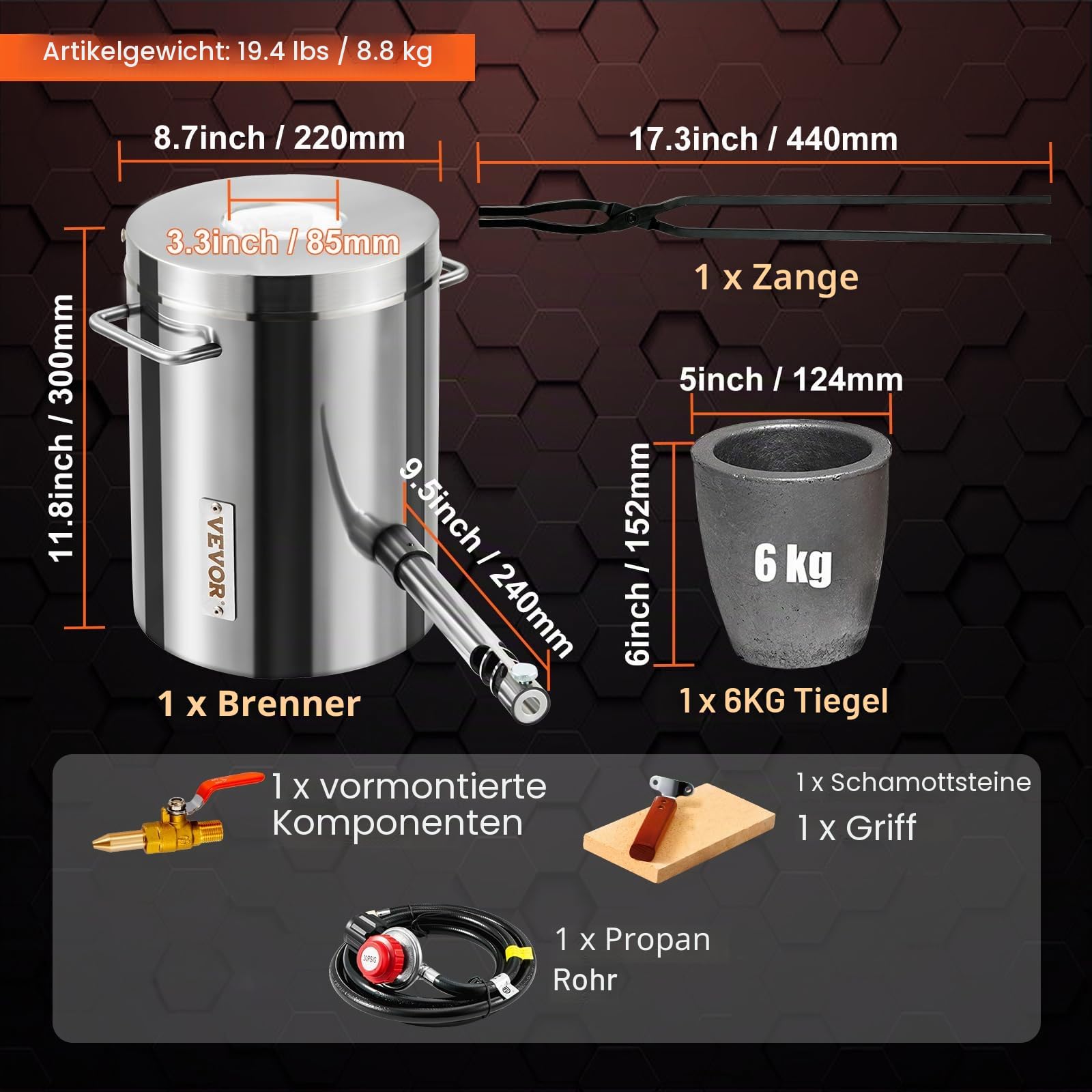 VEVOR Metallschmelzofen, 6 kg große Kapazität, Gießerei-Heimöfen, Schmiede mit Tiegel und Zange, Edelstahlschmelze, für Metallschrott, Gold, Kupfer, Silberguss