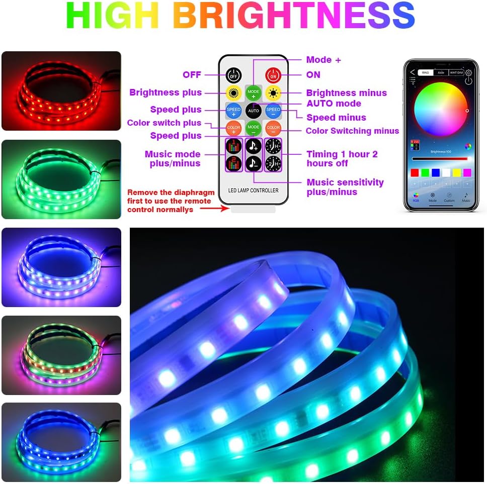 KaiDengZhe Car Hood Light Strip 12V 90 led Lights Multicolor Engine Hood Cover Decoration Daytime Running Light Strip for Car SUV Truck APP & Remote Control Neon Light kit for car Hood 59 inch (1.5M)