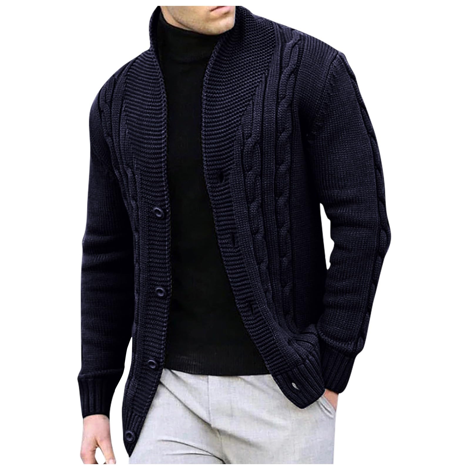 Genérico Cardigan Hombre Botones, Chaqueta De Punto Hombre Manga Larga Cárdigan De Punto Trenzado Casual Cuello De Chal Abotonado con Bolsillos para Otoño Invierno