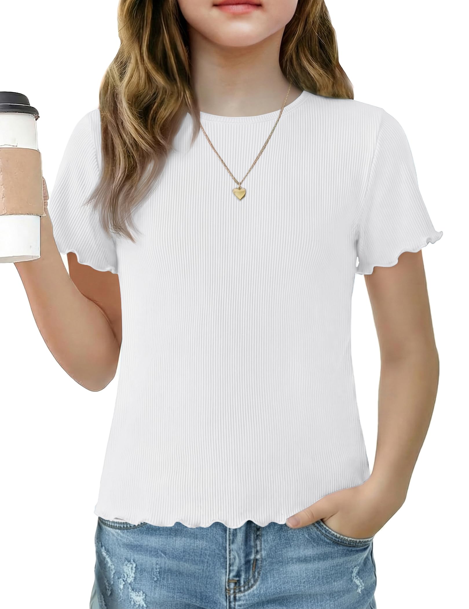 Arshiner Tshirt Mädchen Strickshirt Kurzarm Gestrickt Oberteil Dünn Kinder Sommer Rundhals Rüschen Tops T-Shirts 5-12 Jahre