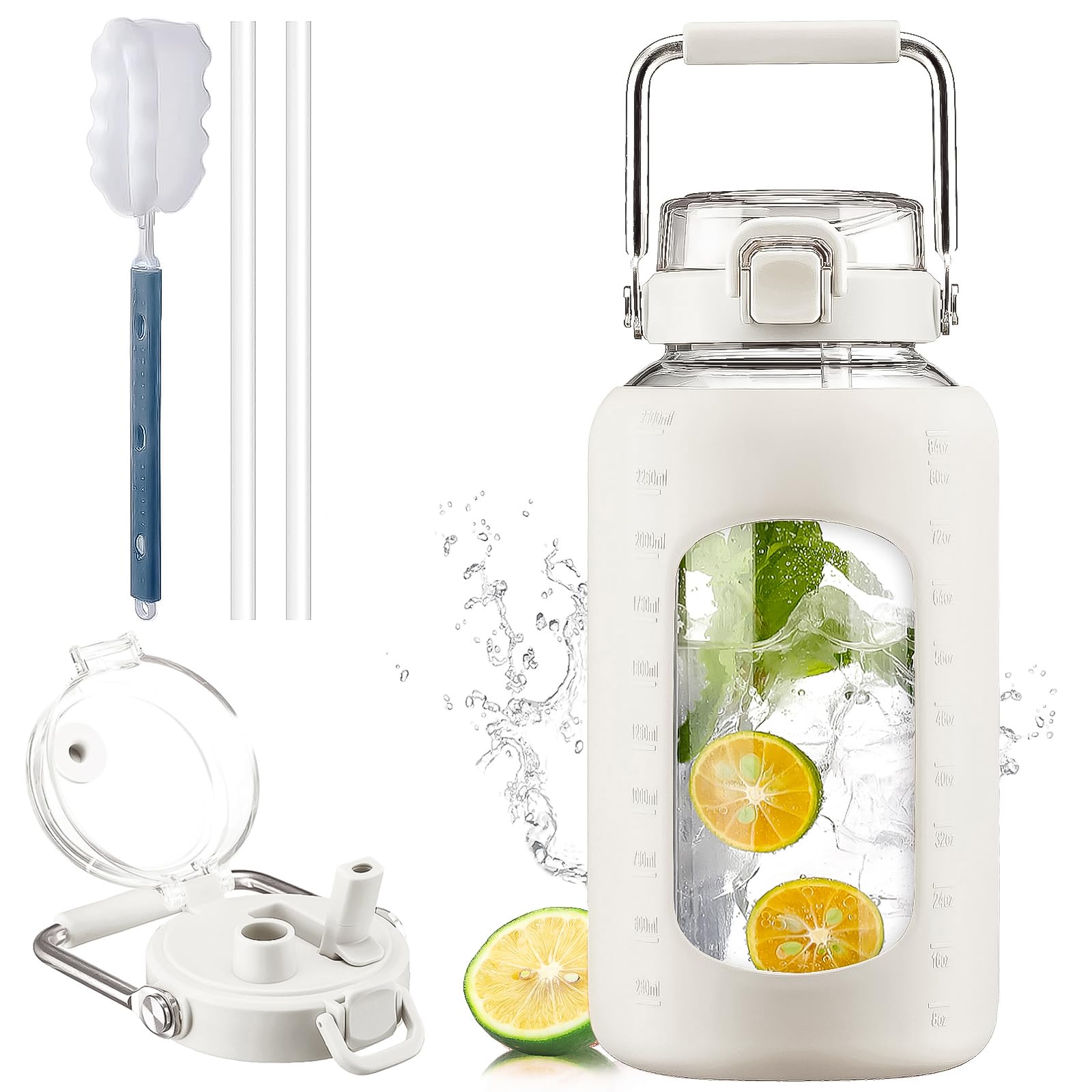 BLUEGO 2.5L Water Bottle Glass with Stainless Steel Handle 2500ml Large Water Bottle with Time Markers and Silicone Sleeve Half Gallon Water Jug BPA Free for Gym Daily Use, White โ image 1