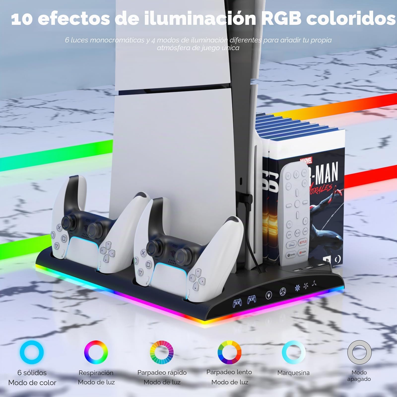Soporte para PS5 Slim con Ventilador de 3 Velocidades, Cargador para Mando con Luz LED, Base Soporte Vertical con 3 Puertos USB y Ranuras para 13 Juegos PS5