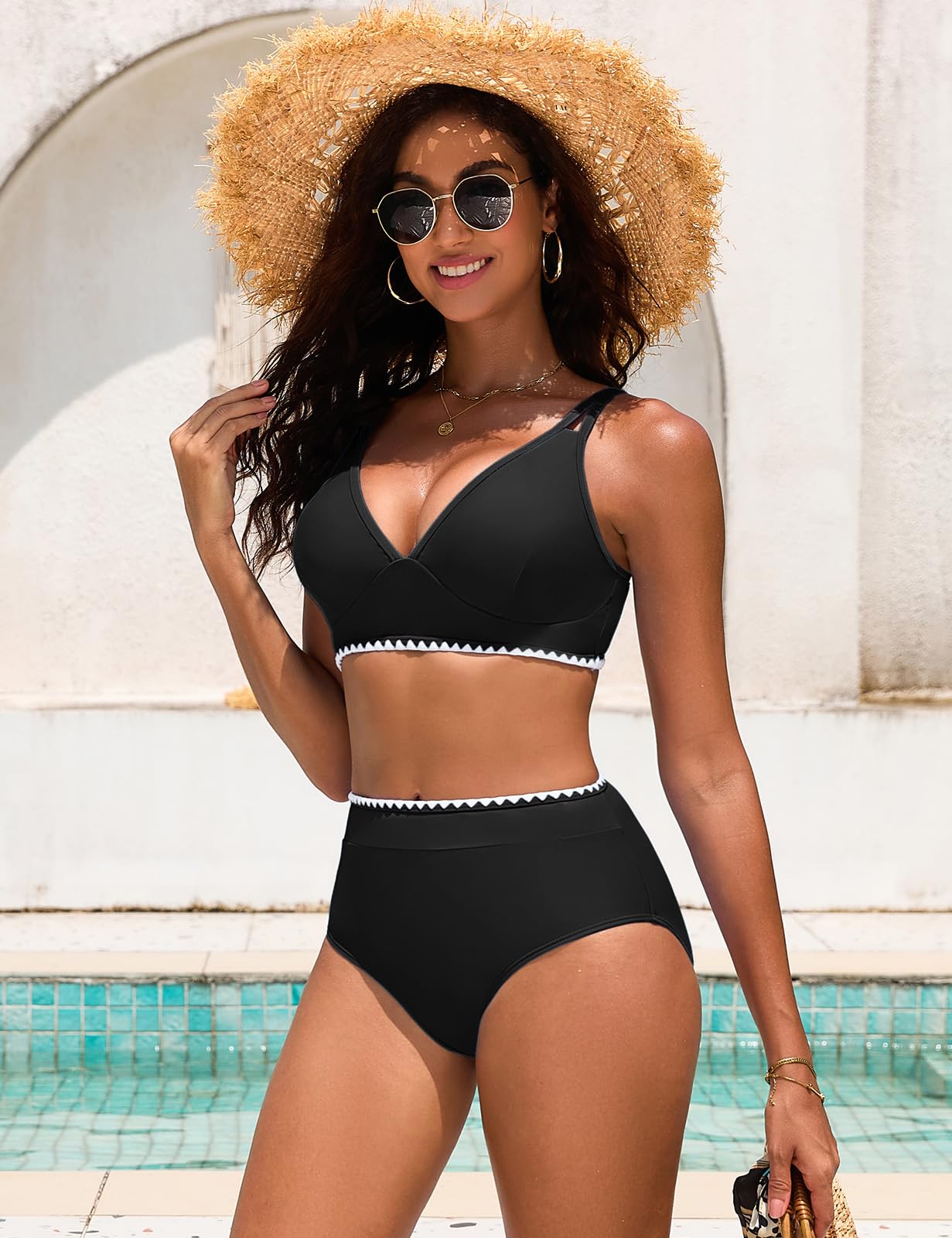 Bikini Mujer Cintura Alta Push Up Cuello En V Bañadores 2 Piezas Pliegues Reductores Control Abdominal