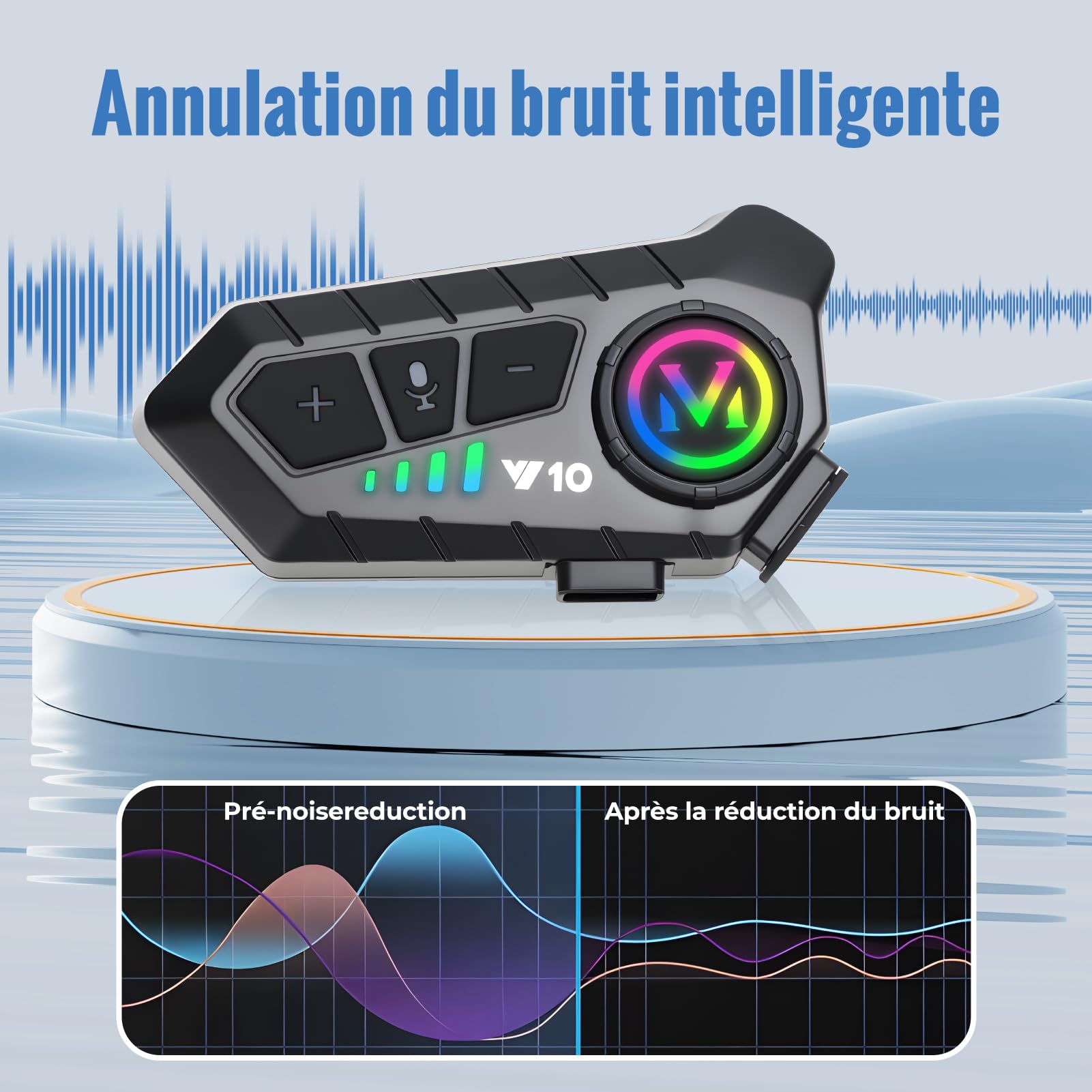 5.3 Écouteurs Casque Intercom de Moto, Kit Bluetooth Main Libre Moto sans Fil, Port Charge Type C, Réponse Automatique et Annulation Double Bruit