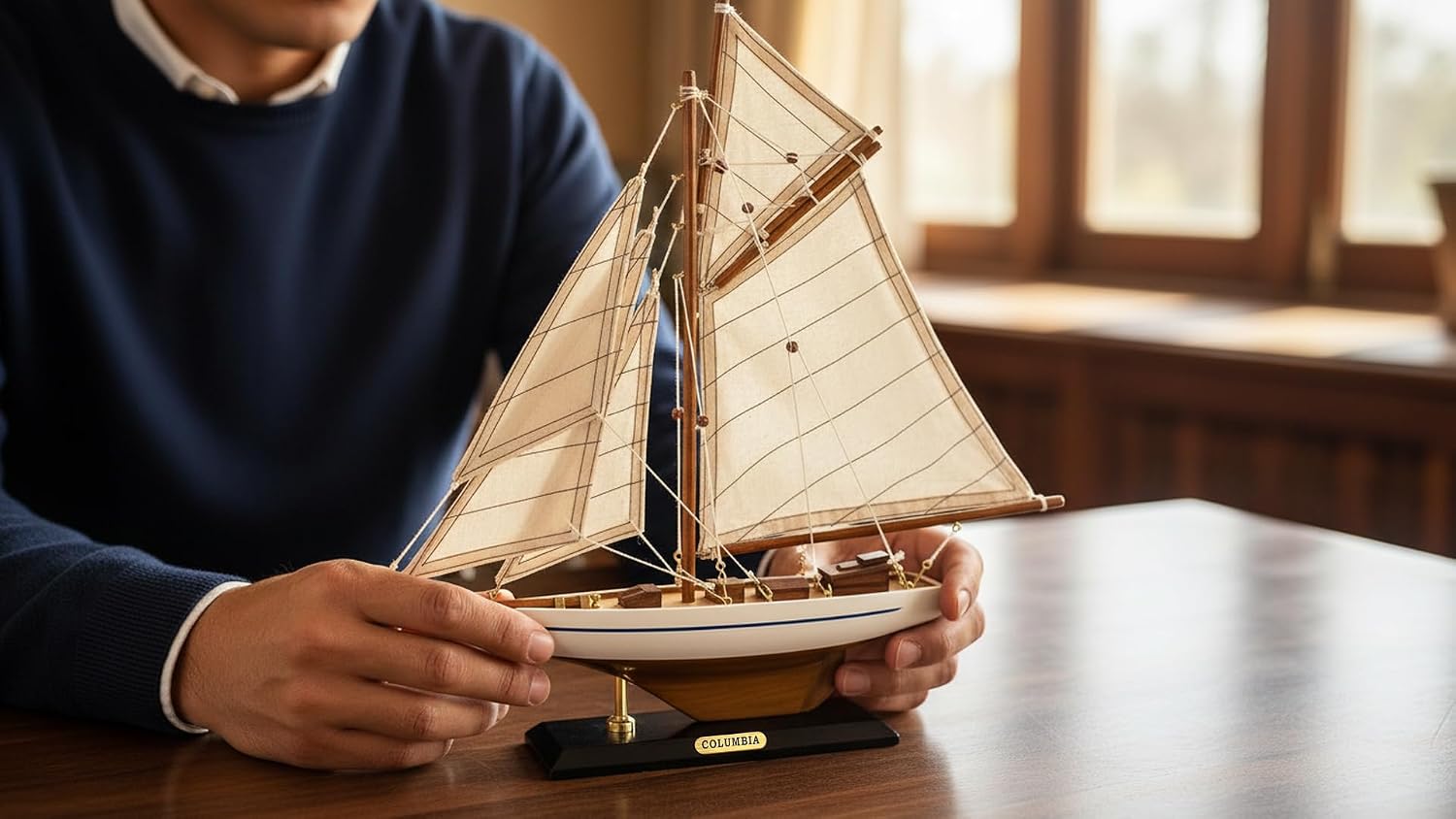 SAILINGSTORY Wooden Sailboat Decor Ship Model Yacht Classic America's Cup Racer Columbia 1901 Replica, Ivory