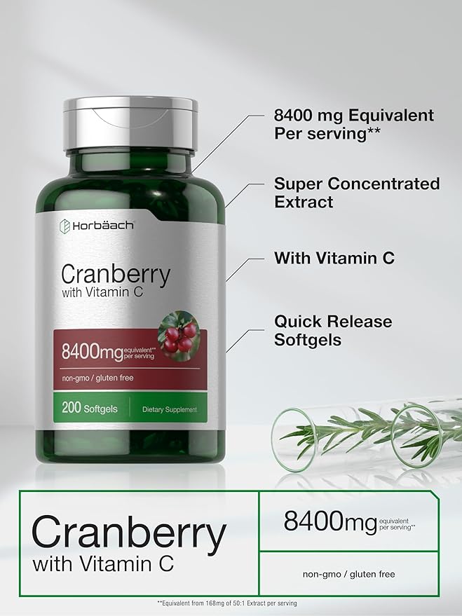 Horbäach Cranberry Pills for Women and Men | 8400mg | 200 Softgels | Extract Supplement with Vitamin C | Non-GMO, Gluten Free