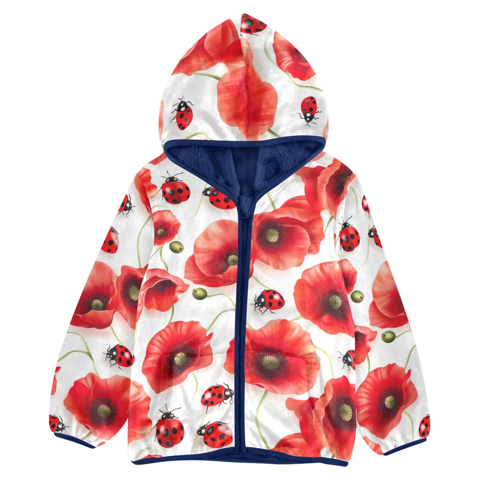CHIFIGNO Cute Fleece Jacket for Boys Red Poppy Flowers Ladybirds Winter Jacket Boys' Fashion Hoodies Sweatshirts with Pockets for Toddler and Kids, 4T