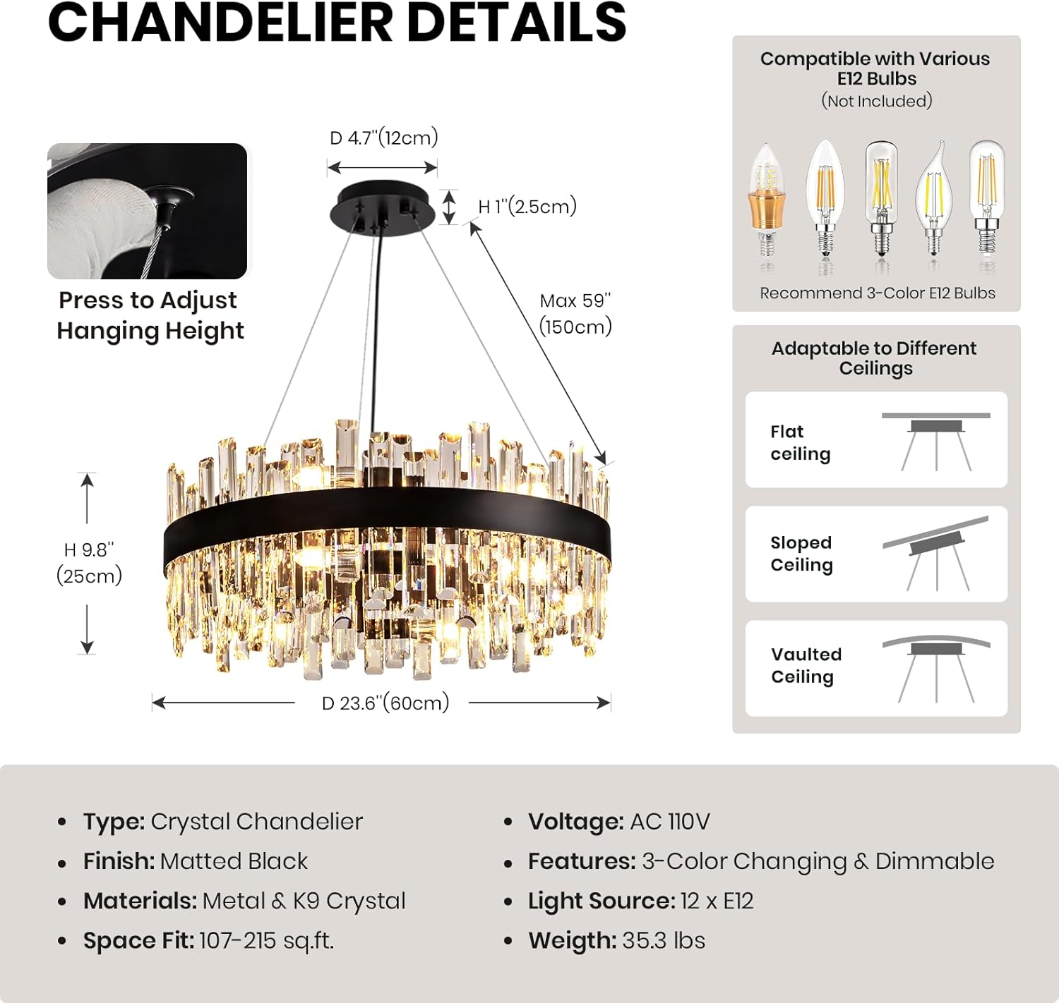 CROSSIO 12-Light Modern Crystal Chandelier for Dining Room, Black Round Flush Mount Ceiling Light, Luxury 2-Tiers K9 Crystal Raindrop Chandelier for Living Room Entryway Foyer Bathroom D23.6''
