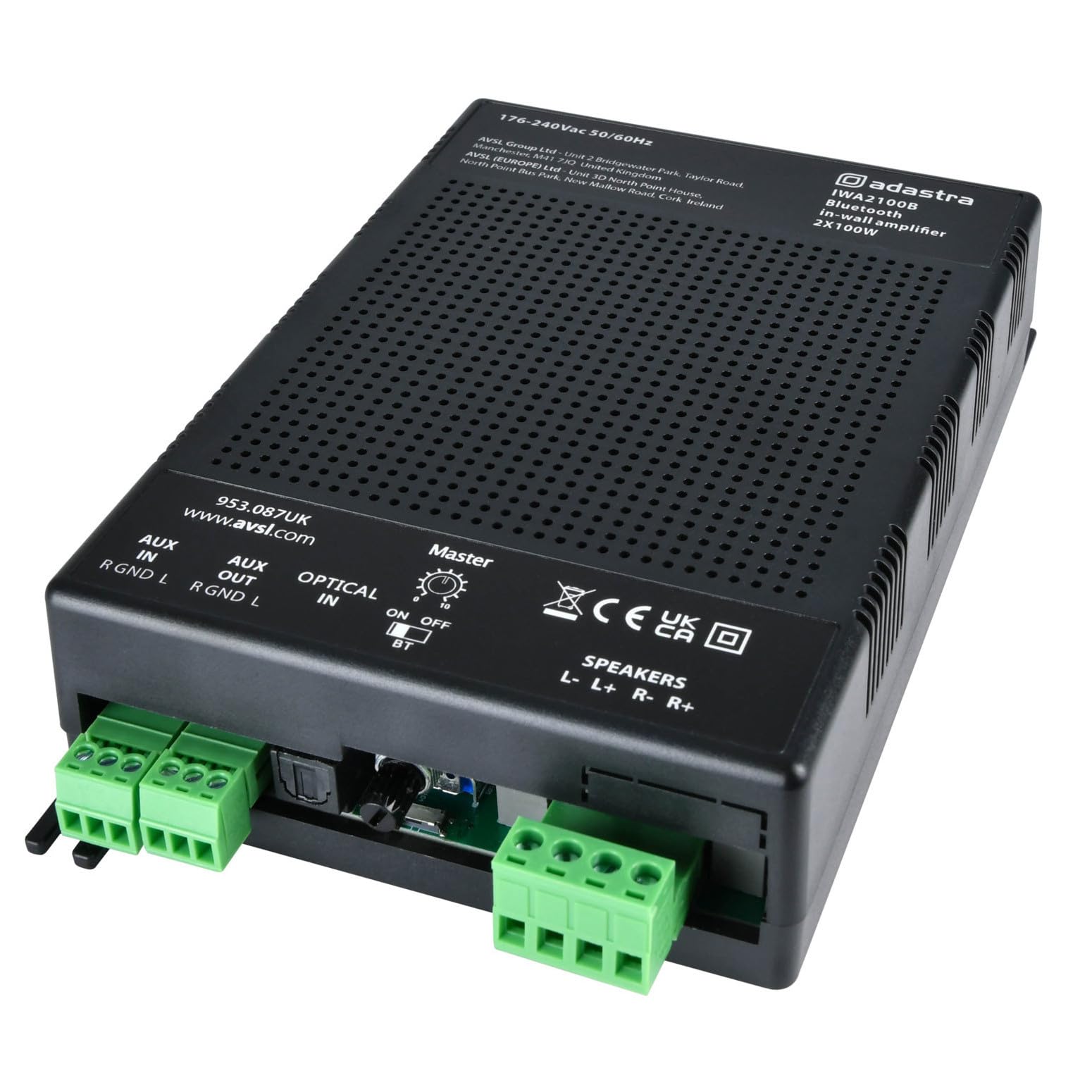 Adastra IWA2100B Amplificador Bluetooth en Pared 2 x 100 W | Amplificador estéreo Clase D de 2 Canales de Alta Potencia con Bluetooth, entradas ópticas y auxiliares | Audio Compacto montado en la