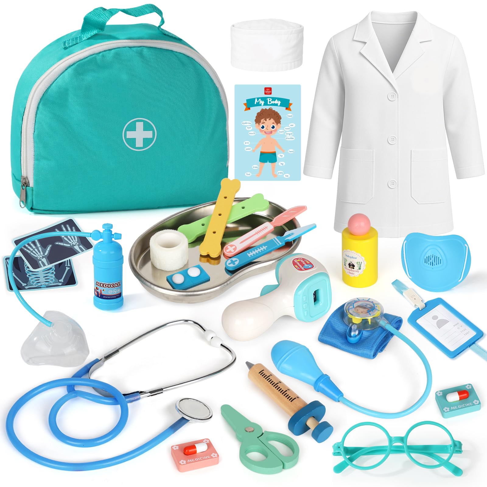 Lehoo Castle Arztkoffer Kinder, Doktorkoffer Kinder, Arztkoffer mit Stethoskop & Arztkittel, Spielzeug ab 3 Jahre