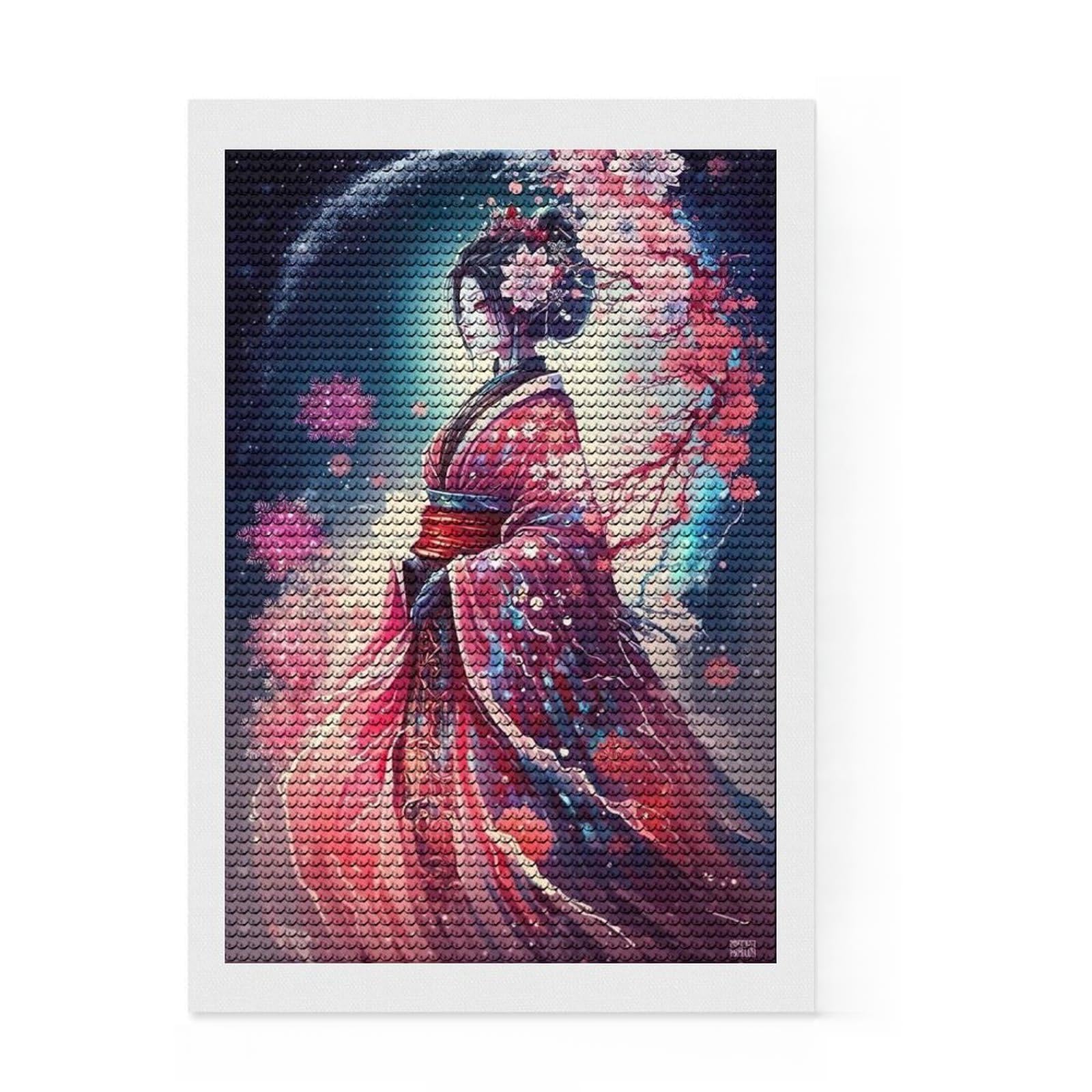 Junmoney Moonlight Geisha Diamond Painting Kit 8"x12", Decorate Your Room, Neat Printed Canvas, Adhesive Canvas, Bedroom Decor