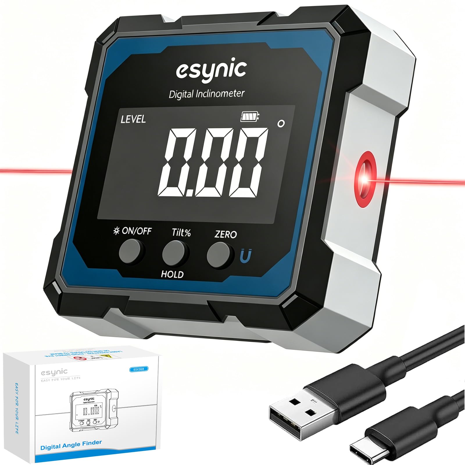 eSynic Portable Digital Angle Finder with Laser Rechargeable 4-Sided Magnetic Digital Inclinometer LCD Display Angle Gague Level Box Zero Function Angle Measuring Tool for Carpentry Woodworking etc