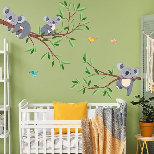 Miniatura 5 de DRWSSR 2 hojas de calcomanías de pared de ramas de árbol de koala extraíbles, para niños, niñas, niños, dormitorio, sala de estar, guardería, aula,