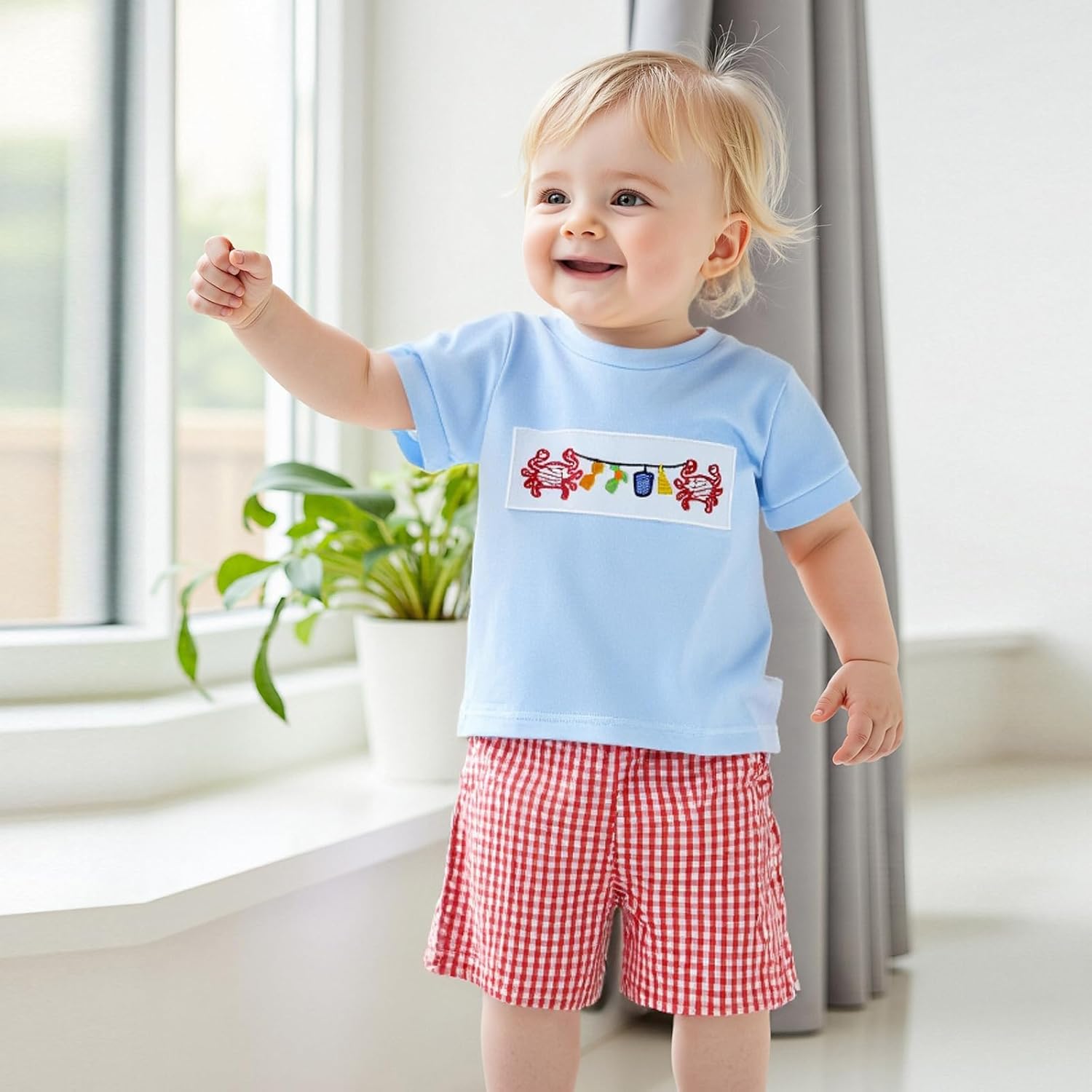 Toddler Baby Boy Summer Outfit Crab Lobster Embroidered Short Sleeve T-Shirts Plaid Shorts Infant Crawfish Clothes - Image 2
