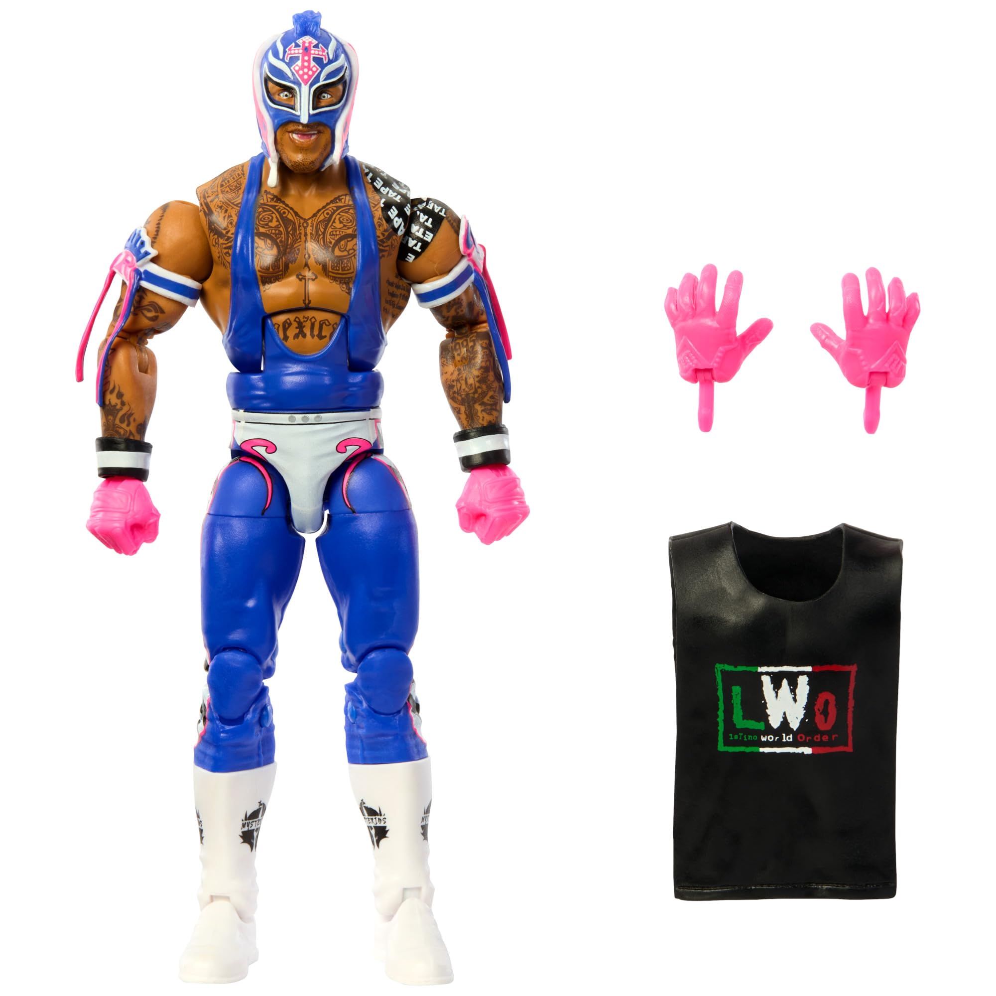 Mattel WWE Top Picks Elite Action Figure & Accessories Set, Rey Mysterio 6-inch Collectible with Swappable Hands, Ring Gear & 25 Articulation Points, HWX36