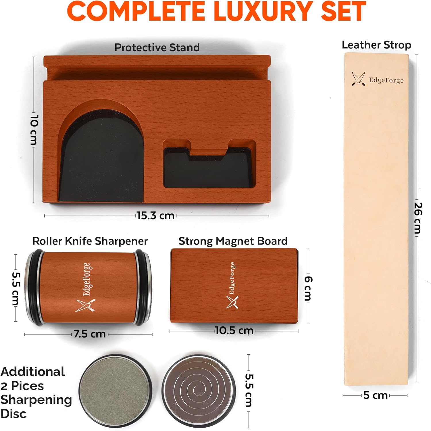 Rolling Knife Sharpener Kit – Diamond & Ceramic Knife Sharpener Set with Magnetic 15° & 20° Angle Guide, 4 Sharpening Discs, Leather Strop & Stand, Manual Kitchen Knife Sharpening Tool Gift Set