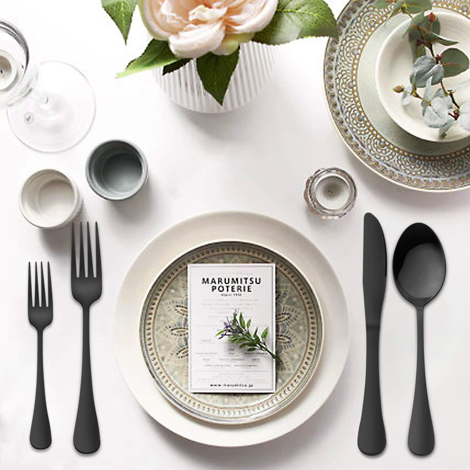 HaWare 49-Piece Black Silverware Set with Flatware Drawer Organizer, Stainless Steel Cutlery with 8 Steak Knives, Modern Eating Utensils Tableware Service for 8, Mirror Polished, Dishwasher Safe