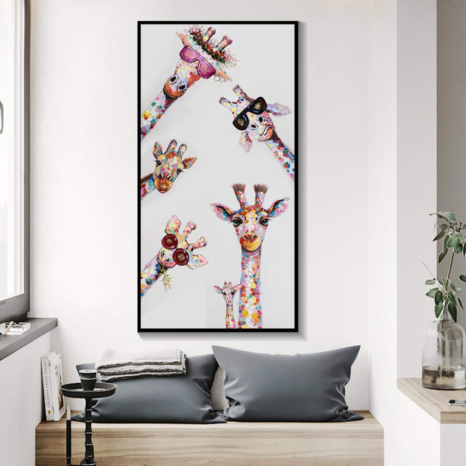 Dsdsgog White Colorful Graffiti Art Animal Curious Giraffes Family Canvas Painting Posters And Prints Wall Art Picture Room Home Decor 50X100cm Frameless
