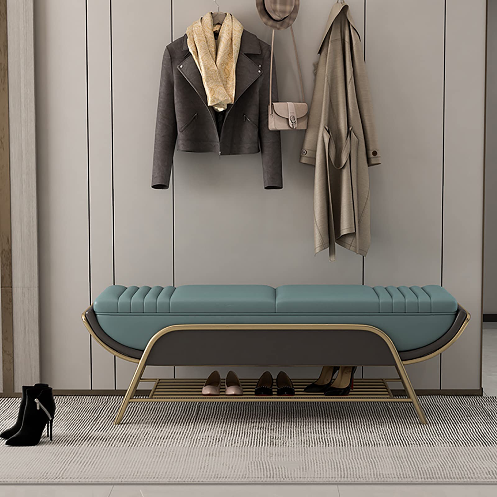 Tabouret repose-pieds décoratif de salon en cuir capitonné avec meuble chaussures