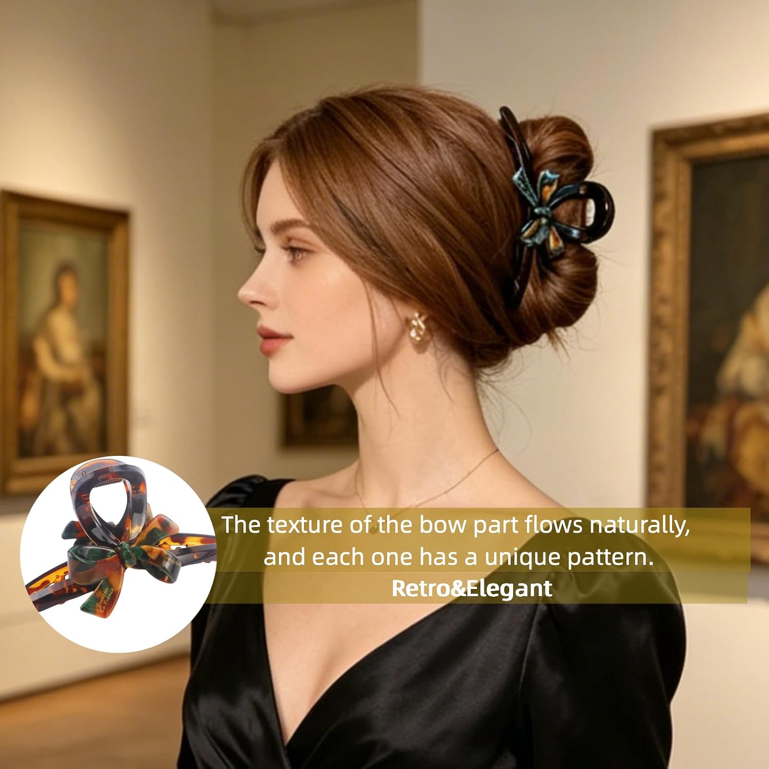 Cute Bow Large Hair Claw Clip, French Vintage Marbled Acrylic Jaw Clip for Women, Non-Slip Tortoiseshell Bowknot Accessories for Thick Thin Hair