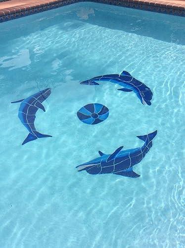 Playing Dolphins - Mosaico de cerámica para piscina, color azul, 48 x 48 pulgadas