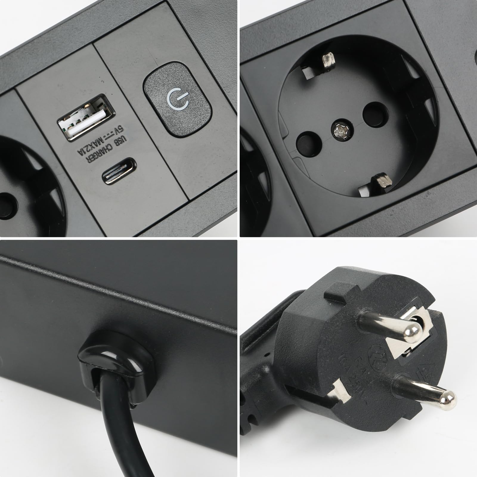 Presa da tavolo a scomparsa con 2 USB e interruttore, a scomparsa, 3 prese, presa da tavolo con cavo da 1,8 m, per uffici, camera da letto, aule (nero, 2AC + USB (A+C)