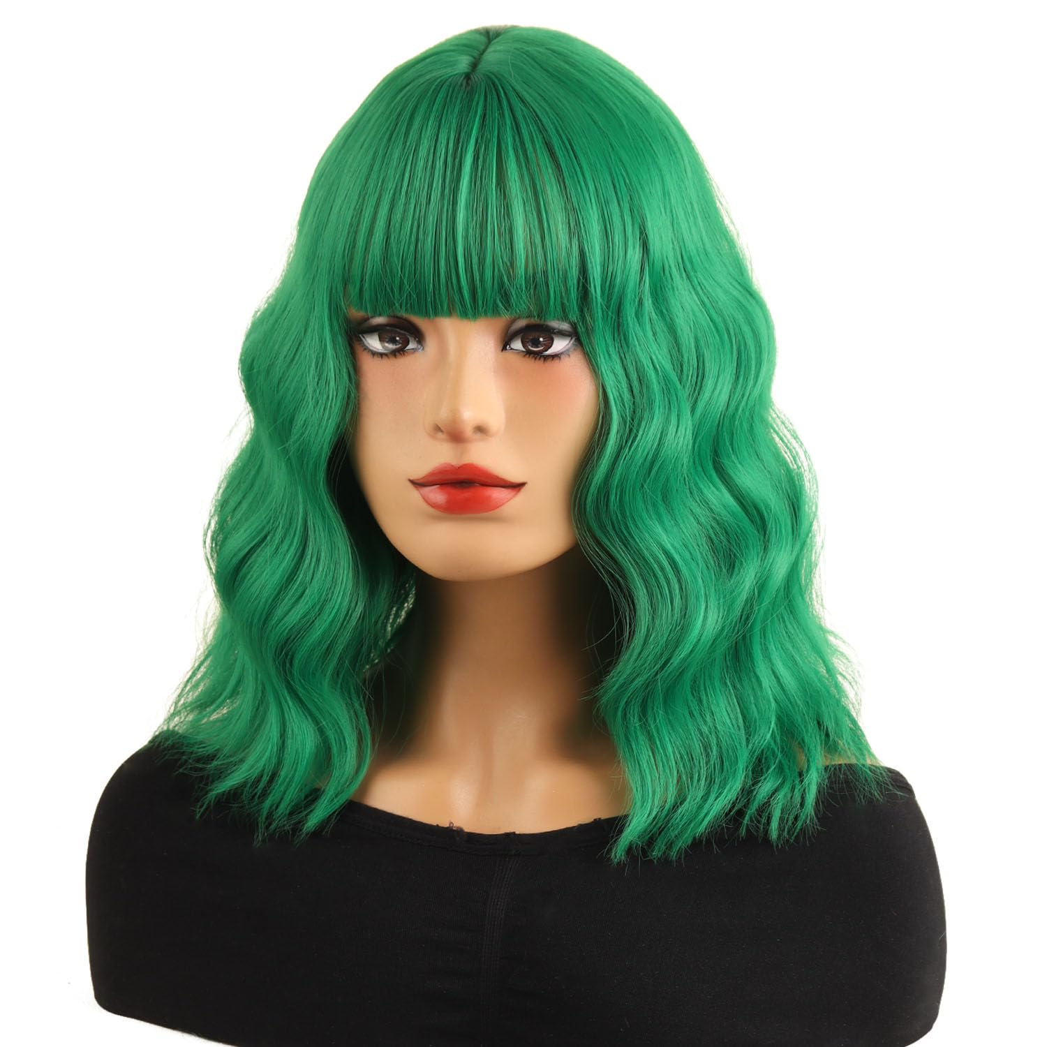 MAGQOO Green Short Curly Wavy Wig Emerald Dark Green Bob Wig with Bangs St Patrick Halloween Party Synthetic Heat Resistant