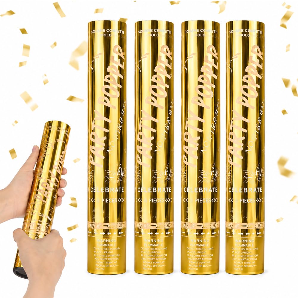 XPJBKC 5 Pcs Gold Confetti Cannons, Party Poppers Birthday Golden Confetti, Party Cannon, Party Poppers Gold for Weddings, Baby Showers, Christmas - 30cm