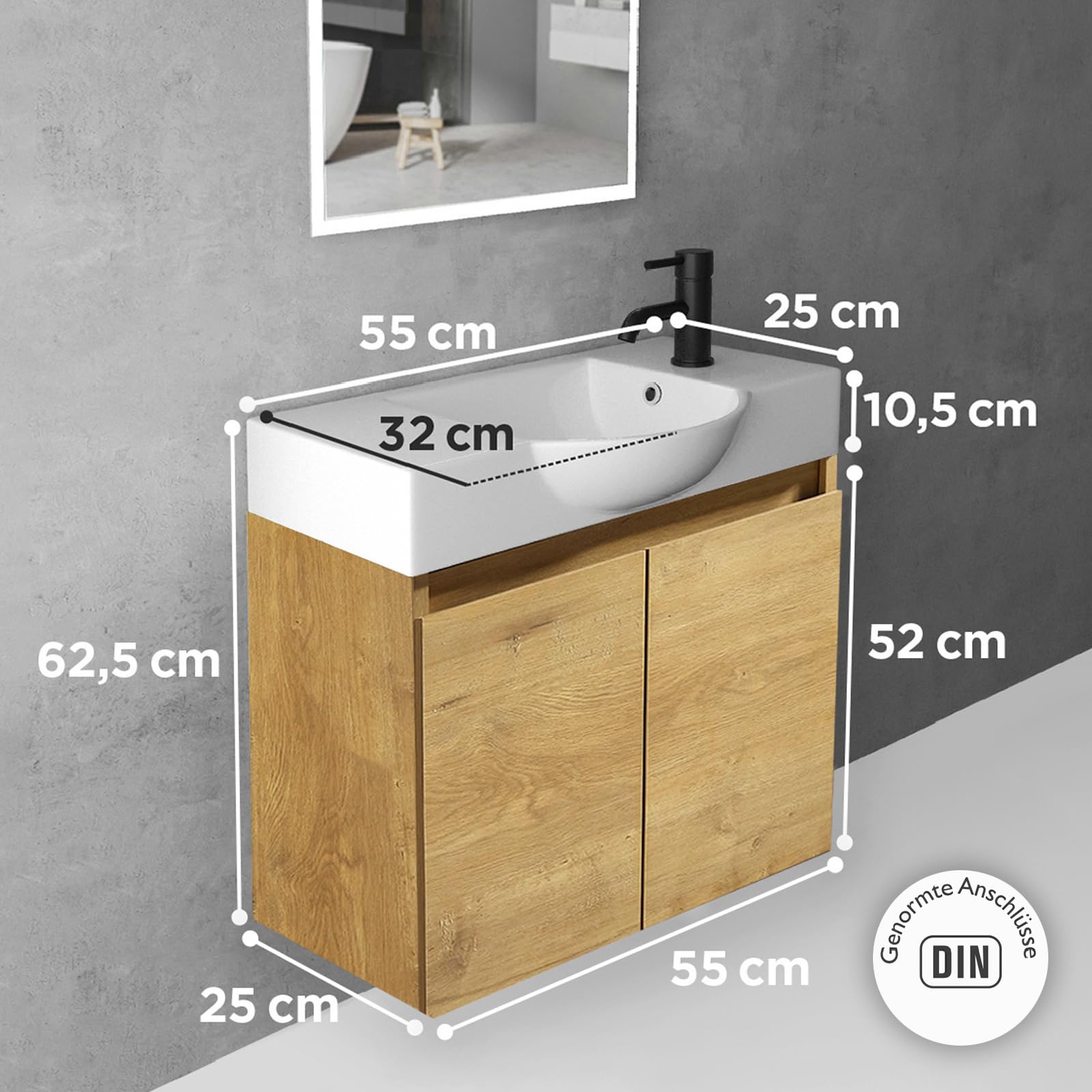 Alpenberger - Lavabo con mobiletto, larghezza 55 cm, lavabo con mobiletto da bagno, moderno set | piccolo lavandino per ospiti, mobiletto da bagno (rovere naturale)