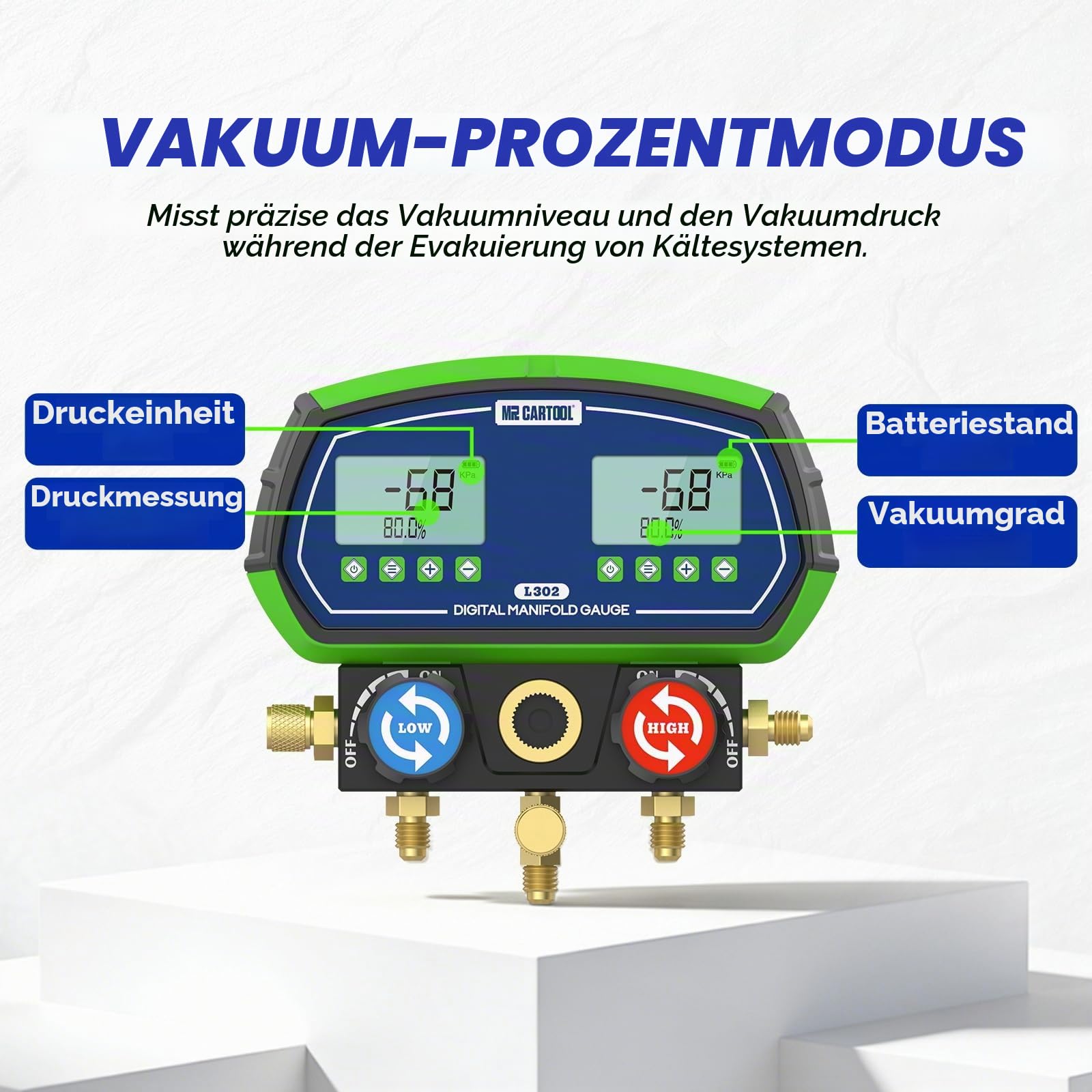 MR CARTOOL Digital Monteurhilfe L302 Kältemittelanzeige HVAC Messgerät R134A R32 R410A 90 Kältemitteln Vakuumpumpe