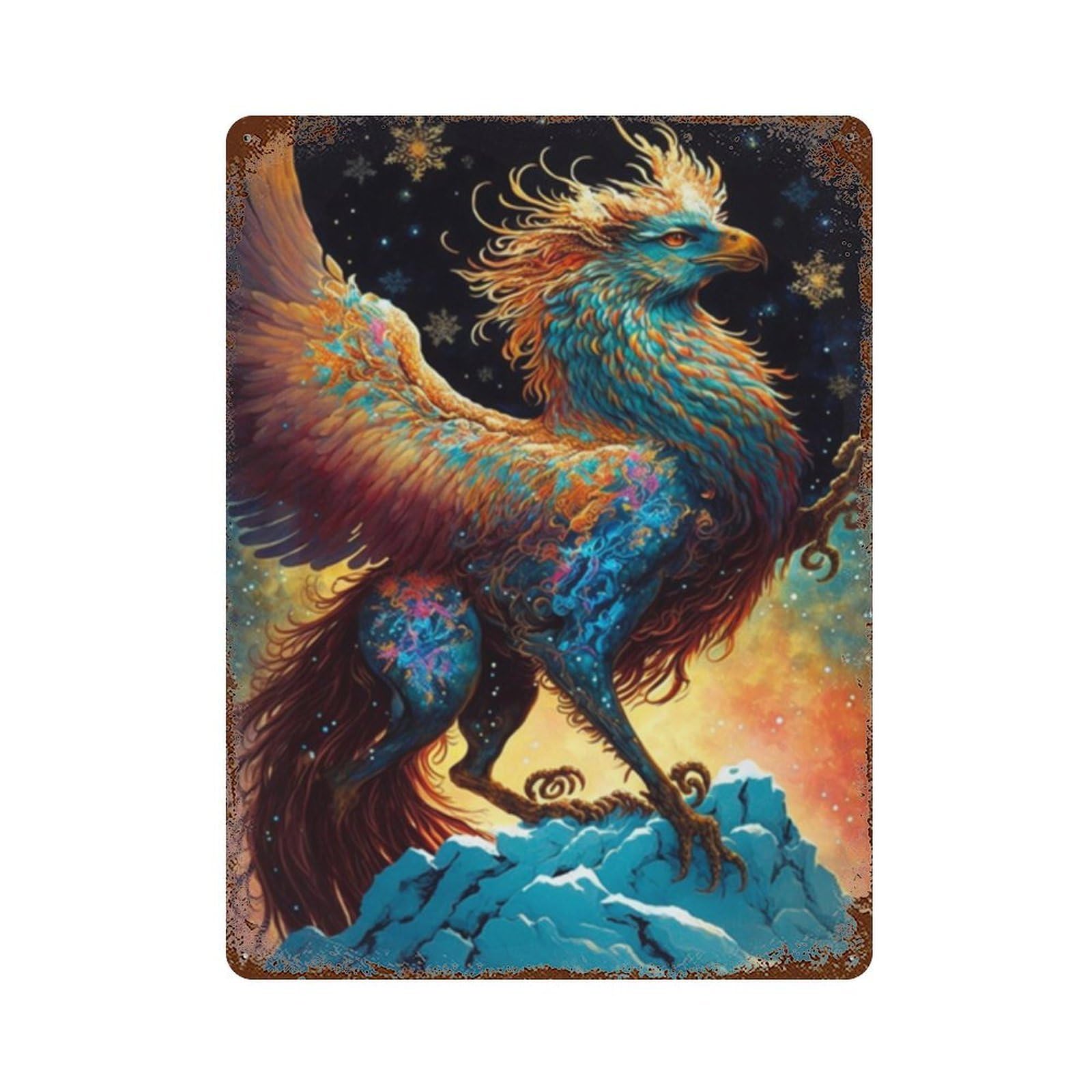 Fantasy Phoenix Art Print-3 Rust Effect Tin Sign 15.7"x11.8", Vintage Wall Decor for Pub, Kitchen And Man Cave Decor