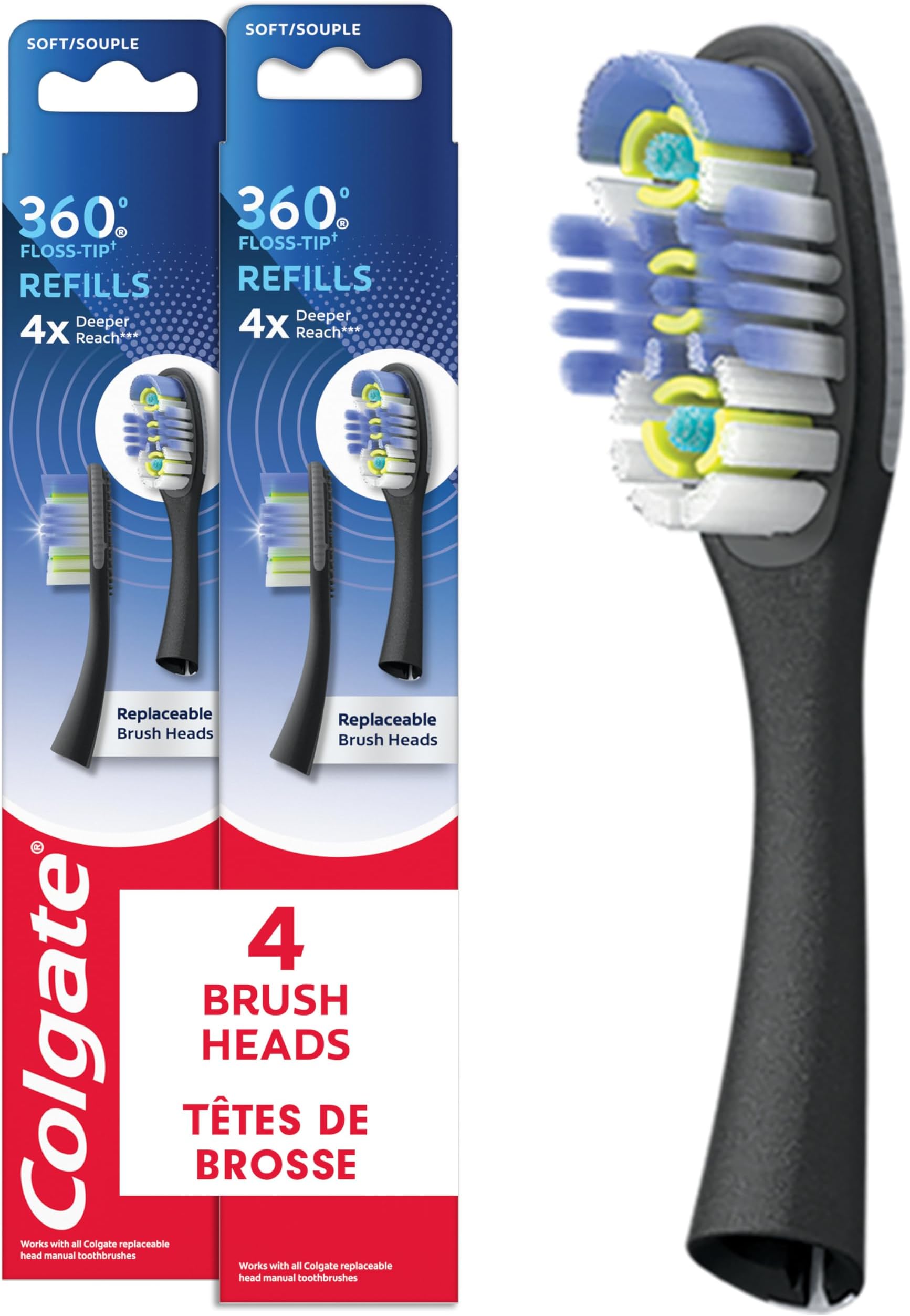 Colgate 360 Floss-Tip Replaceable Toothbrush Head Refills, Deep Clean, 4 Pack