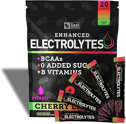 Miniatura 9 de Paquetes de electrolitos mejorados en polvo (fresa y kiwi | 20 paquetes) con 0 azúcar+BCAA + suplemento de electrolitos de vitaminas B con zinc de