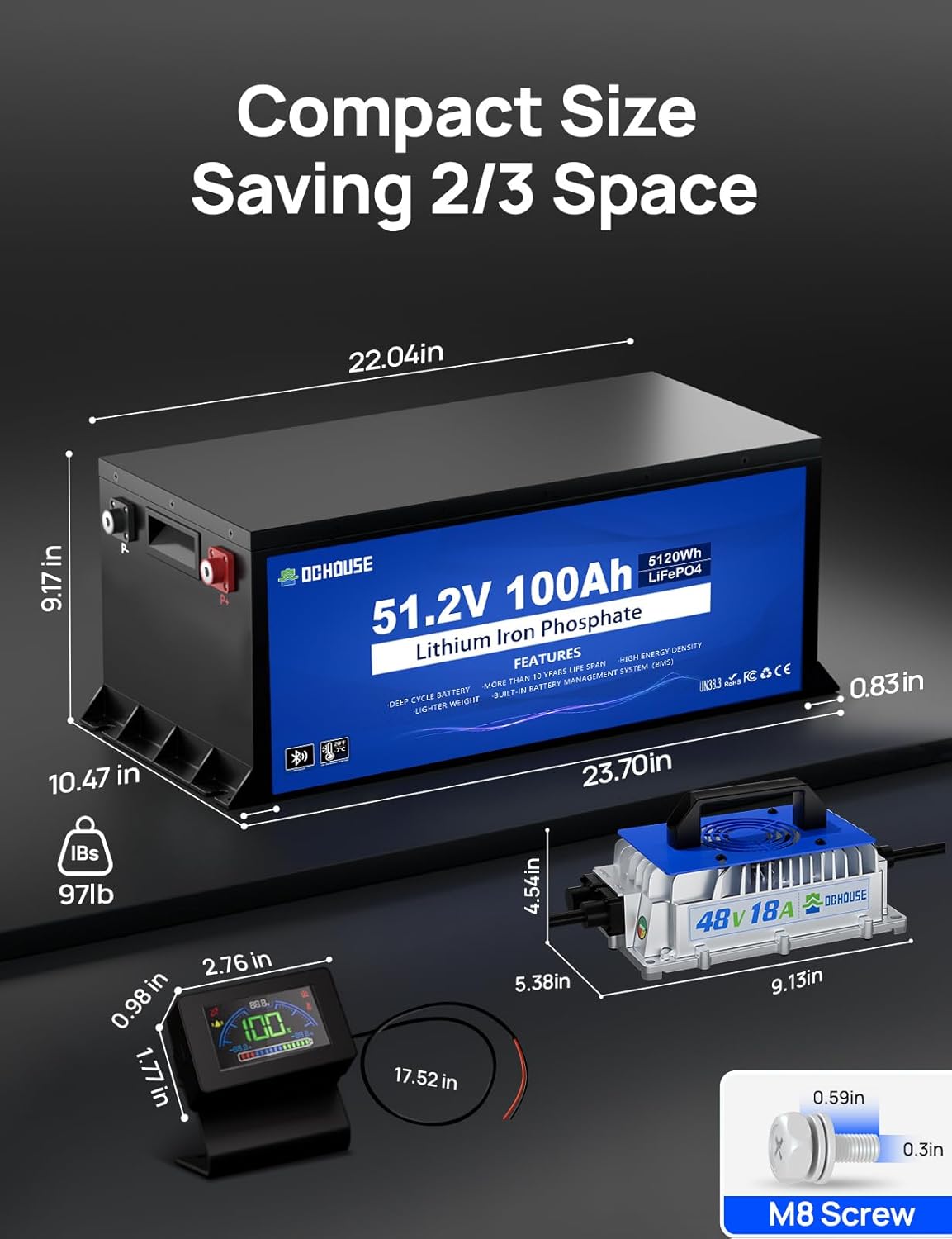 DC HOUSE Metal Case 48V 100Ah Pro Lithium Golf Cart Battery, 200A BMS Lifepo4 Battery with 48V 18A Charger, Bluetooth Mobile APP & LCD Monitor, Peak Current 700A - Image 8