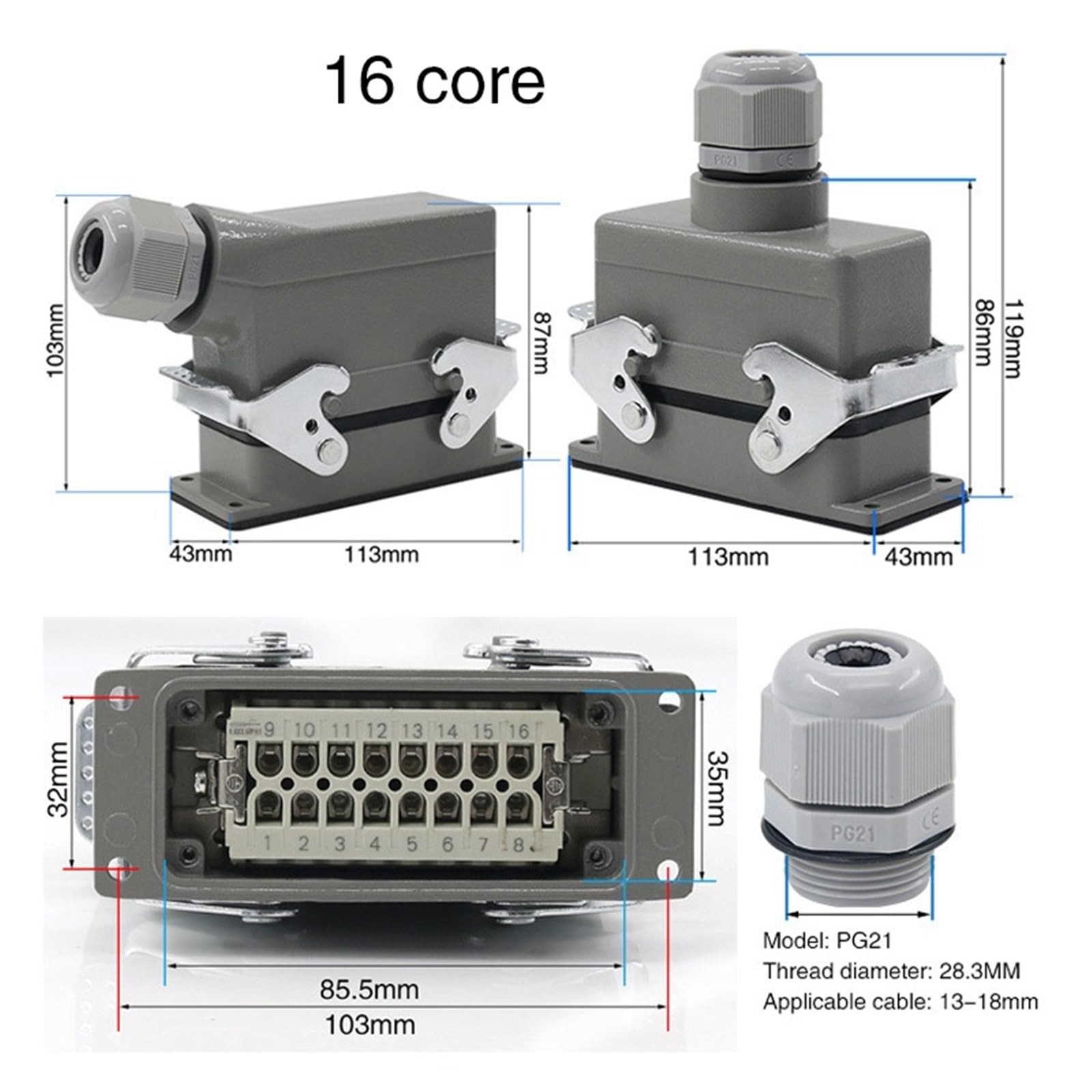Connecteur rectangulaire robuste HDC-HE4 6 10 16 20 24 32 48 broches 16 A ligne latérale (ligne latérale à 32 noyaux)