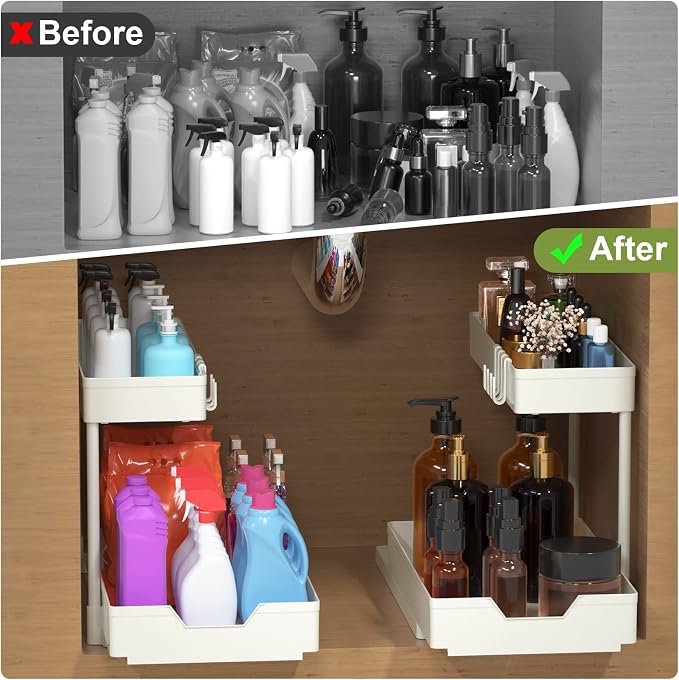 Organizador en forma de L para debajo del fregadero, almacenamiento de 2 niveles para baño, 2 piezas | Estante corredero resistente de ABS blanco para gabinetes estrechos debajo del fregadero de baño o cocina, cestas deslizantes para organización miniatura 4