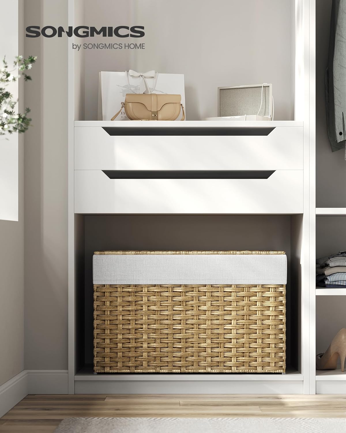 songmics storage basket with lid, woven blanket storage bin with handles, foldable, removable liner, metal frame, for bedroom, laundry room, 27.7 gallons (105 l), natural urst066n01 105 l natural