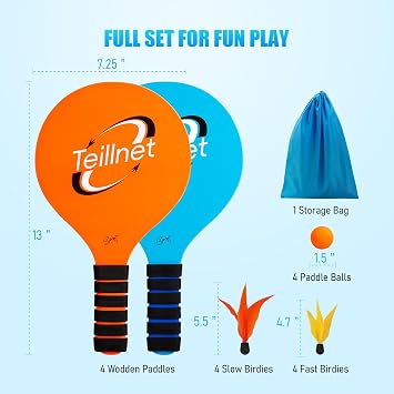 U&C Planet Beach Bat and Ball Set Wooden Outdoor Paddle Ball Game for Kids | Beachball Set with 4 Paddles 8 Birdies 4 Balls, Garden Beach Pool Party Toys for Children 3& Family, 2 Set