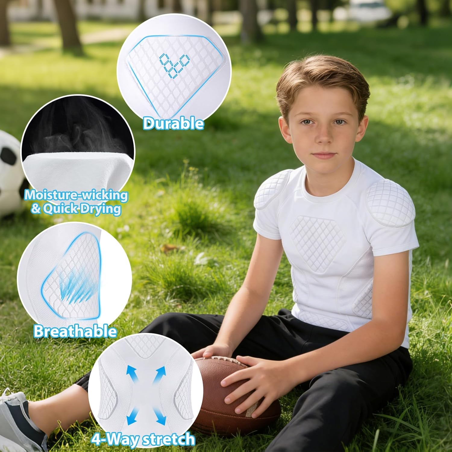 PORTEC Youth Football Rib Protectors Padded Compression Shirt ,6-Pad Chest Sternum Impact Protection , Help Reduce Sports Injury Risk, Ages 8-14, Under-Jersey Fit for Practice & League Games