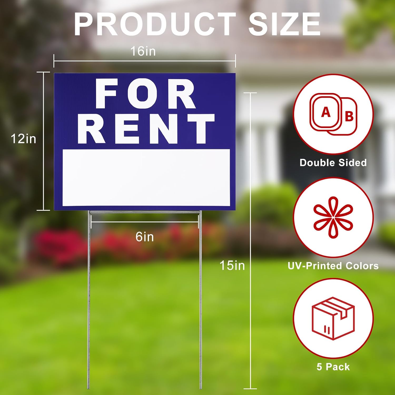 Yaomiao 5 Pcs for Rent Sign with Stand 16 x 12 Inch Plastic Yard Sign with Tall Stakes Double Sided Waterproof Corrugated for Rental House Car Apartment Shops Business(Blue)