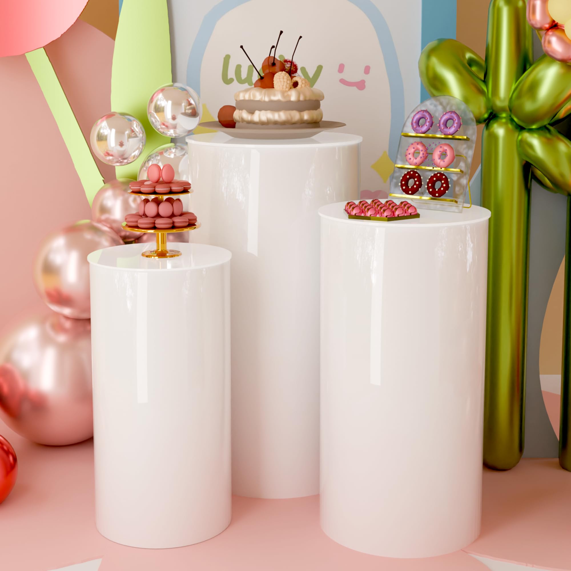 Exhibidor de pedestales cilíndricos redondos, pilares de zócalos blancos, soporte de adorno para tartas de boda y flores, soporte de exhibición de pedestal cilíndrico (3 piezas)