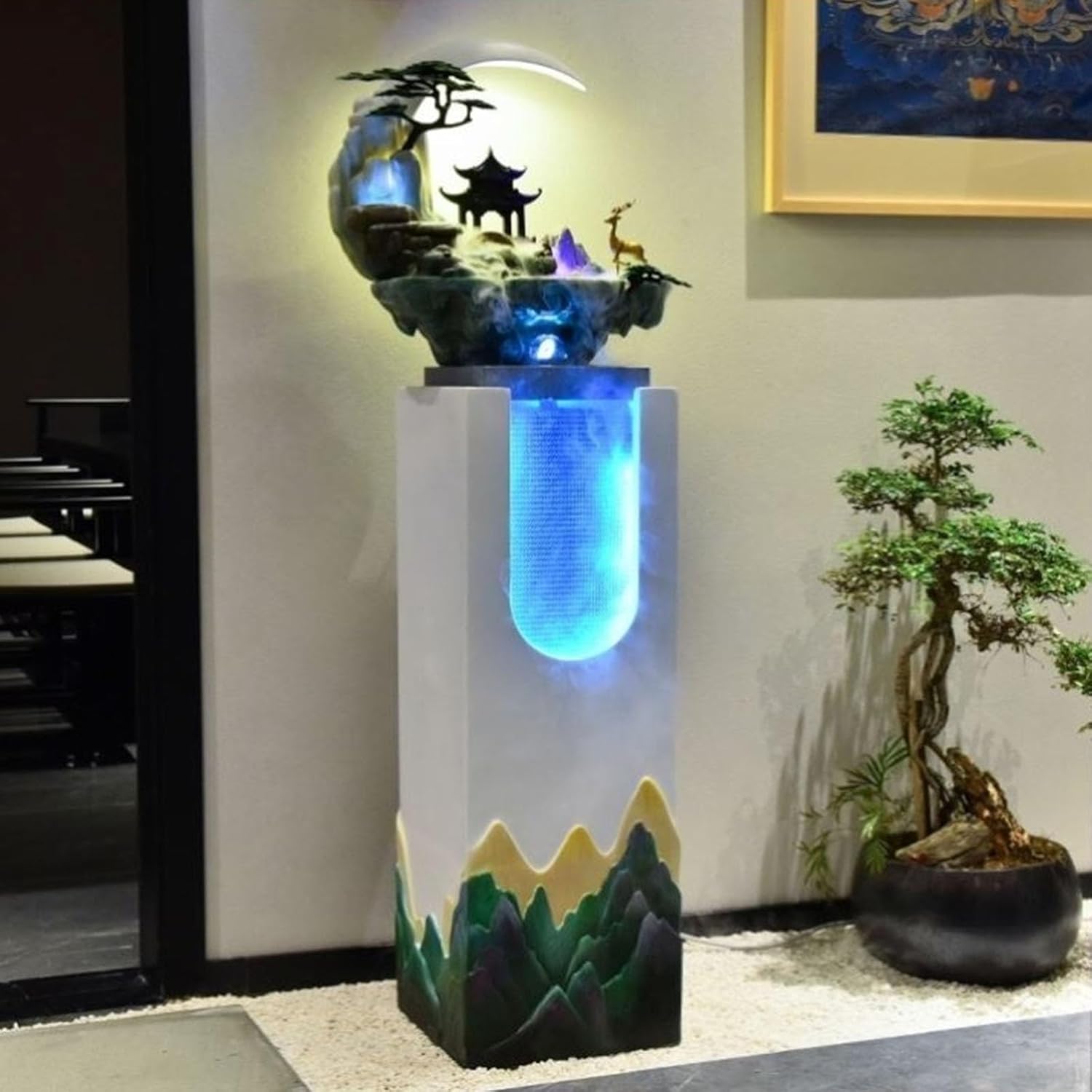 Outdoor Garden Water Fountain Decor Floor Standing Fountain with Artificial Rockery and LED Lights, Living Room Balcony Courtyard Circulating Water Landscape Outdoor Water Fountain