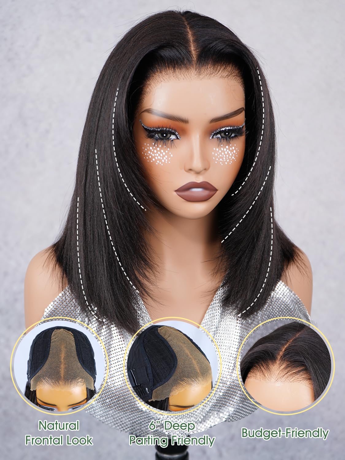 Layered Cut Short Bob 9x6 Yaki Straight Human Hair Wig HD Lace Front Drawstring Glueless Wigs Human Hair Pre Plucked Pre Cut T Part Yaki Straight Bob Wig for Black Women 180% Density 16 Inch