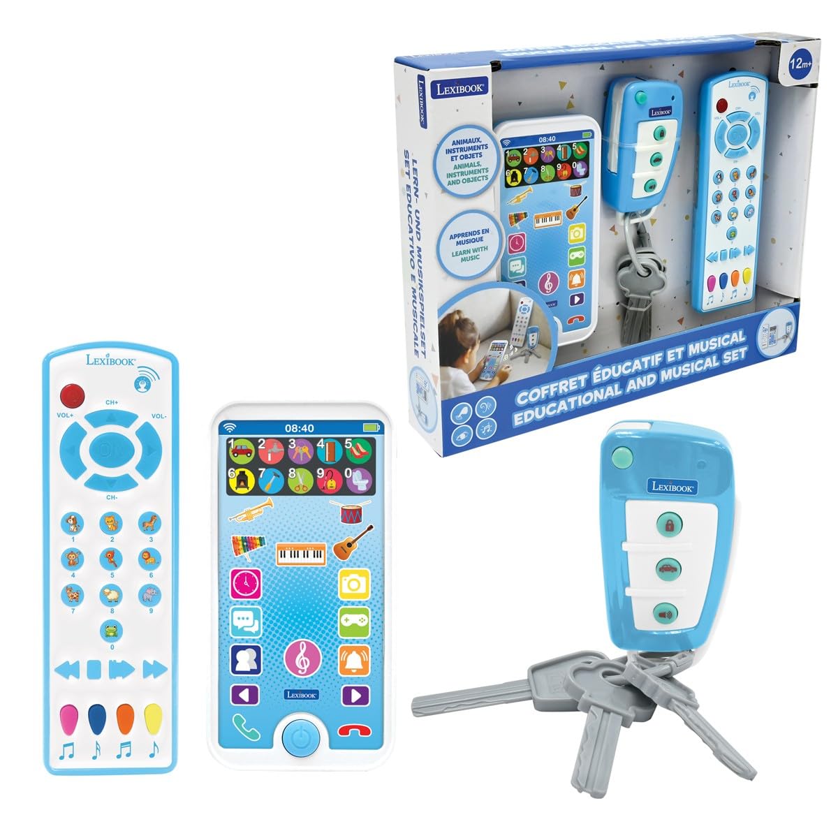 Lexibook, Coffret éducatif et Musical avec téléphone, télécommande et Porte-clés, Jeu d'imitation pour Les Tout-Petits, Explore Les Animaux, Instruments de Musique et Objets du Quotidien, PS125