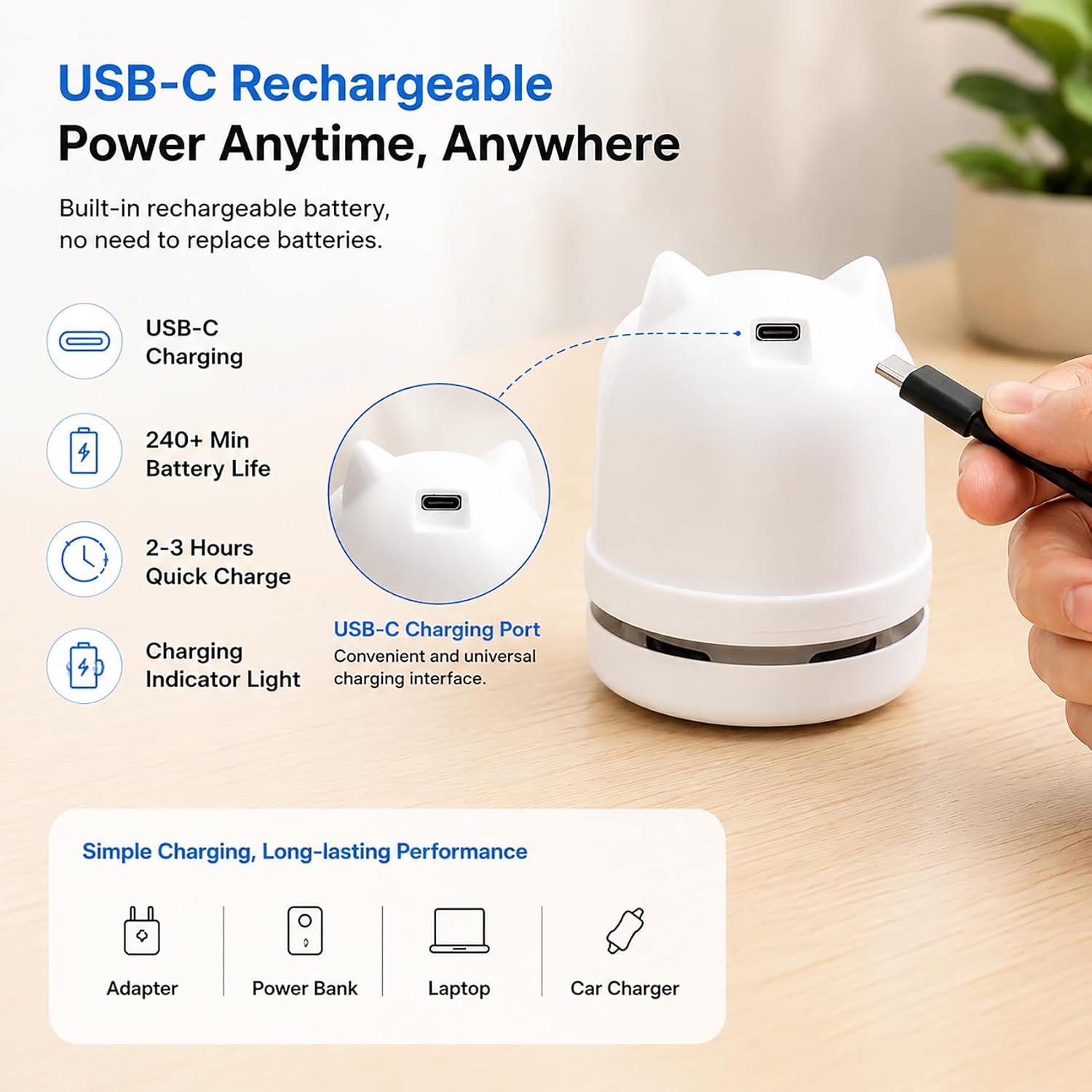Mini Desktop Vacuum Cleaner Cordless Desk Vacuum | USB C Rechageable, Cute Owl Shapeed, Low Noise Tabletop Vac for Cleaning Crumbs, Hair, Paper Scraps on Computer Keyboard Car