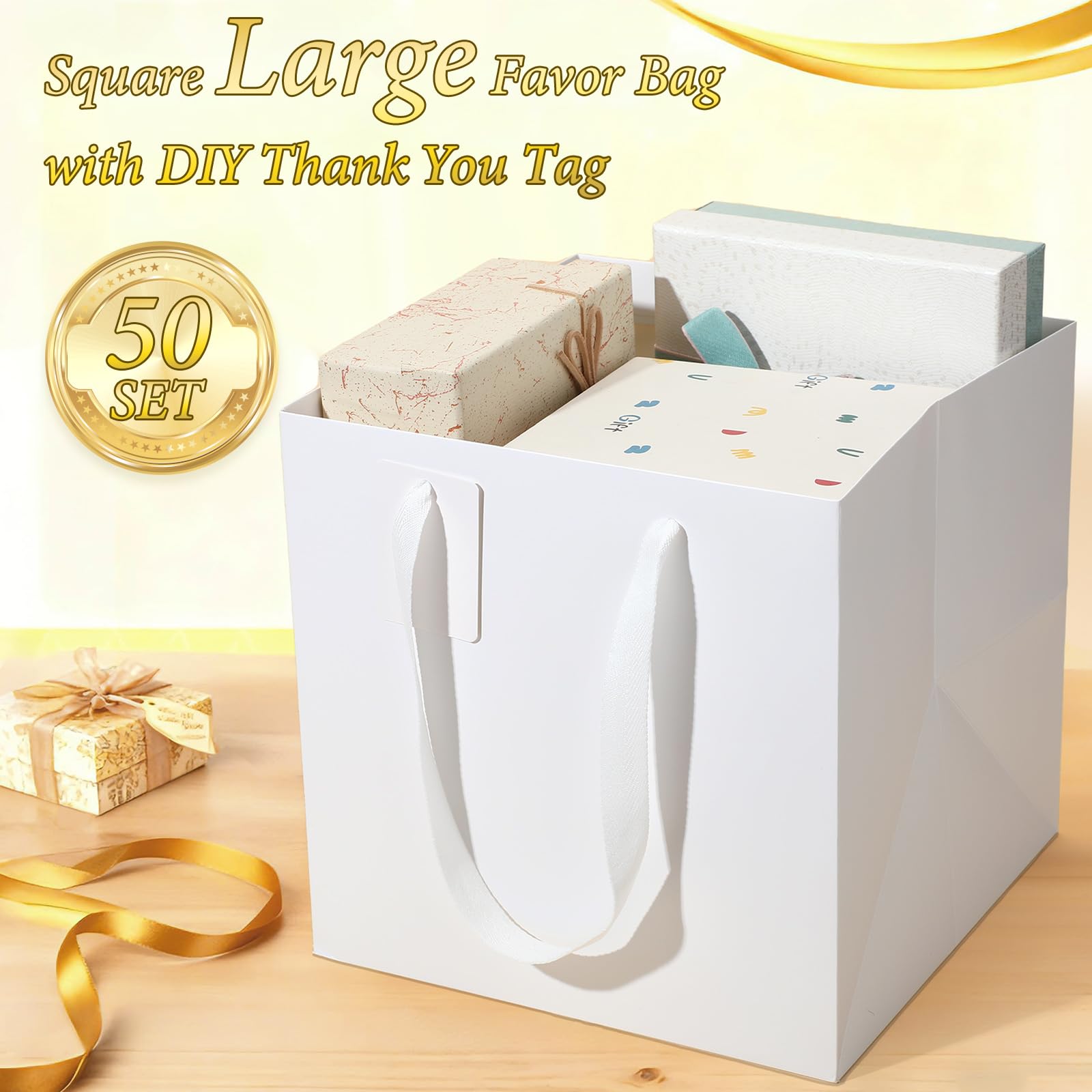 Windyun 50 bolsas de regalo de papel con asa, 25,4 x 25,4 x 25,4 cm, cuadradas, pequeñas, con etiqueta de agradecimiento para cumpleaños, boda, despedida de soltera, dama de honor, fiesta de