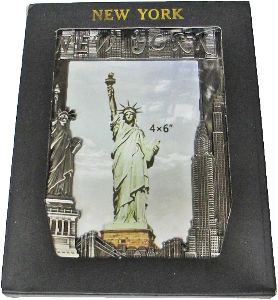 New York Souvenir Metal Pewter Picture Frame with Statue of Liberty Empire State Building Freedom Tower NYC Skyline Fits 4x6 Photo