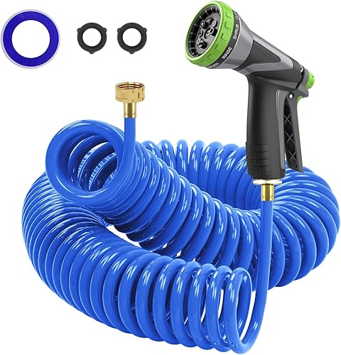 Miniatura 10 de Manguera de bobina, manguera de jardín de bobina EVA de 3/8" de 25 pies, manguera de agua rizada ligera con conectores de metal y asa giratoria,